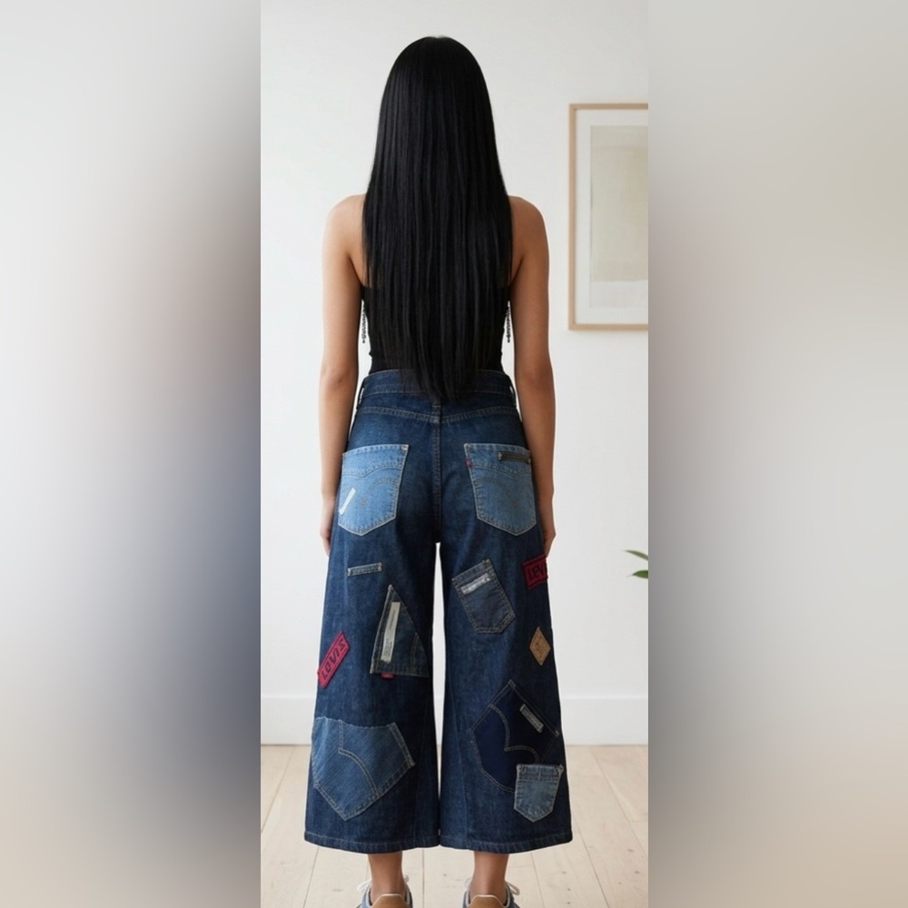 LEVIS Upcycled Wide-Leg Patchwork Cropped culotte Jeans size 10- Dark Blue - Picture 4 of 8